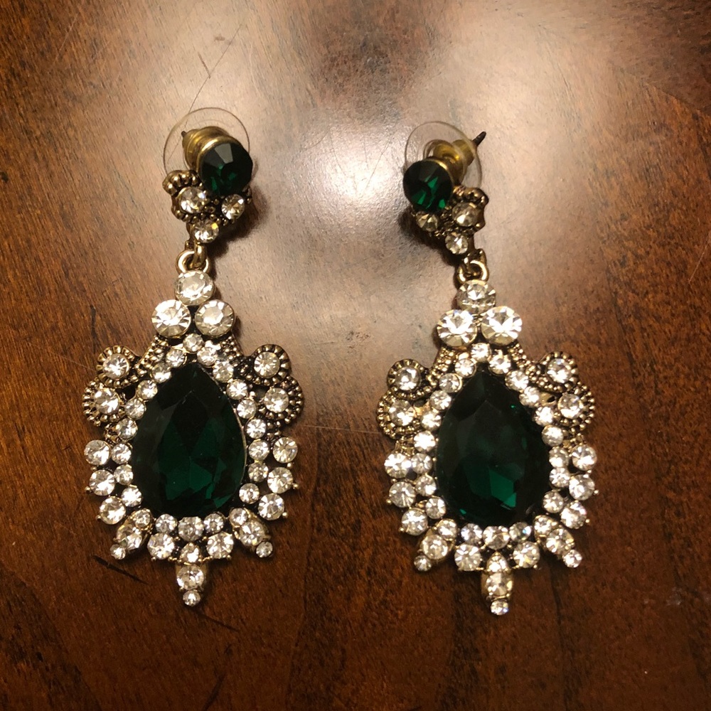 Emerald earrings, rhinestone statement jewelry
